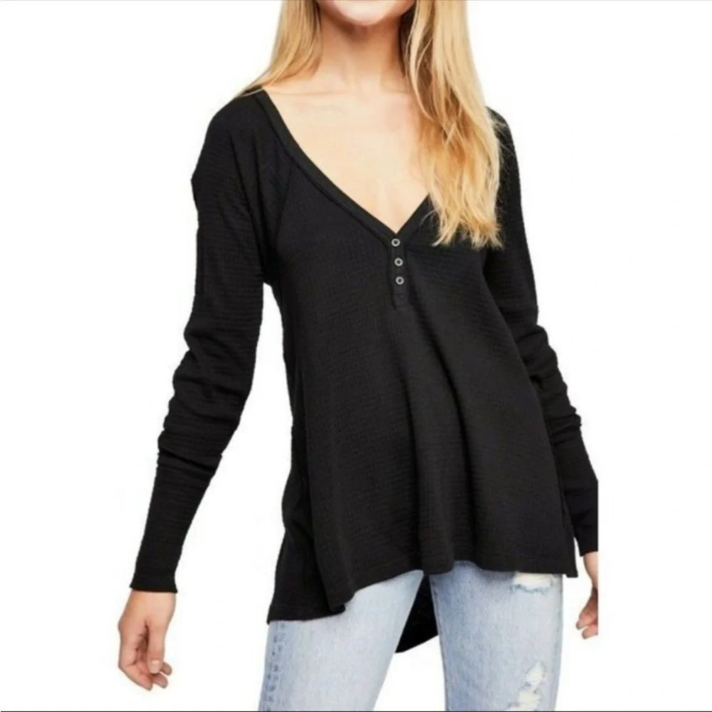 We The Free Black Long Sleeve Citrine Waffle Knit Tee size Small